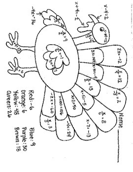 270x350 Color By Number Thanksgiving Turkey Solving One Step Equations