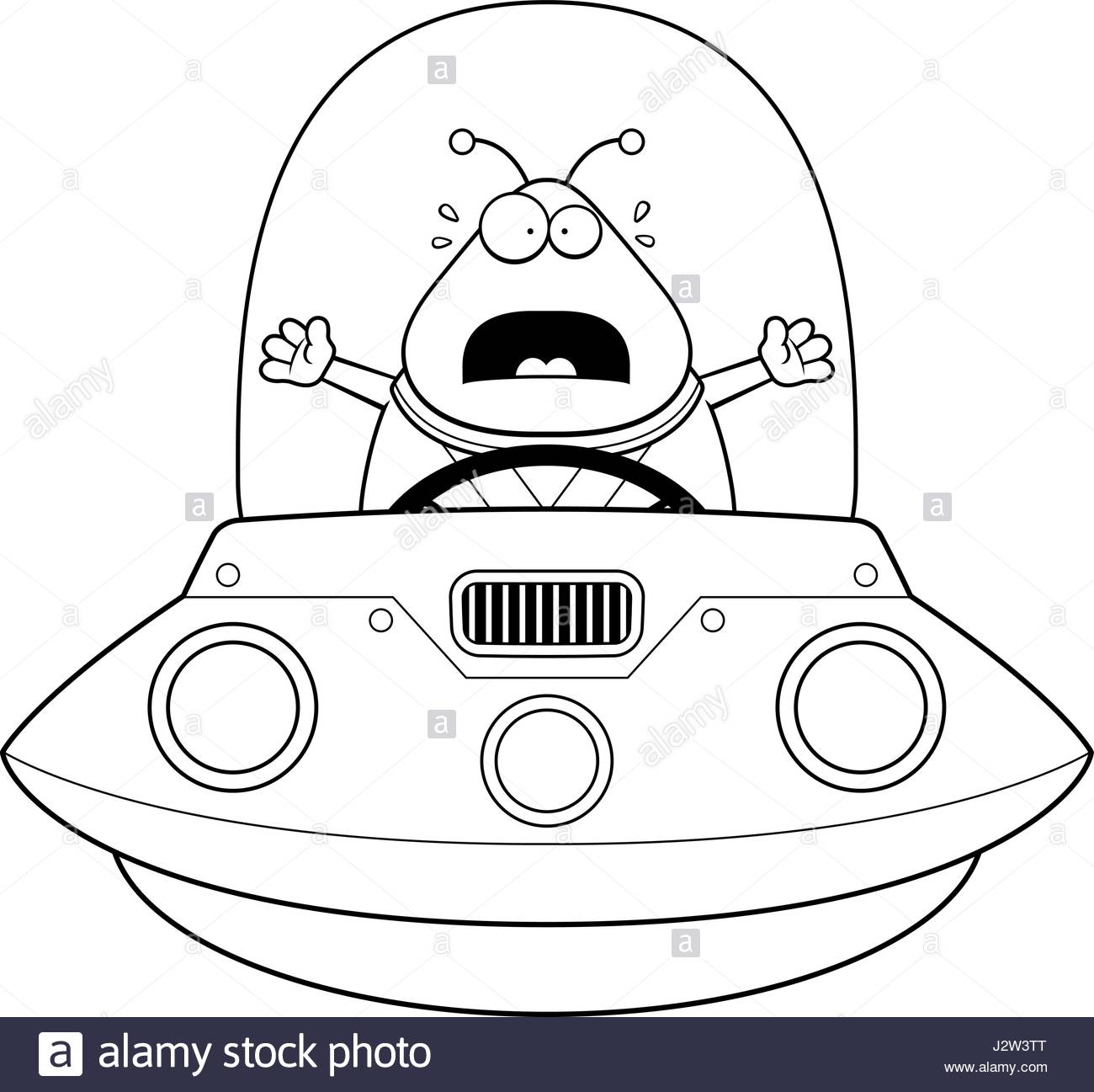 1300x1297 A Cartoon Illustration Of An Alien In A Ufo Looking Scared Stock