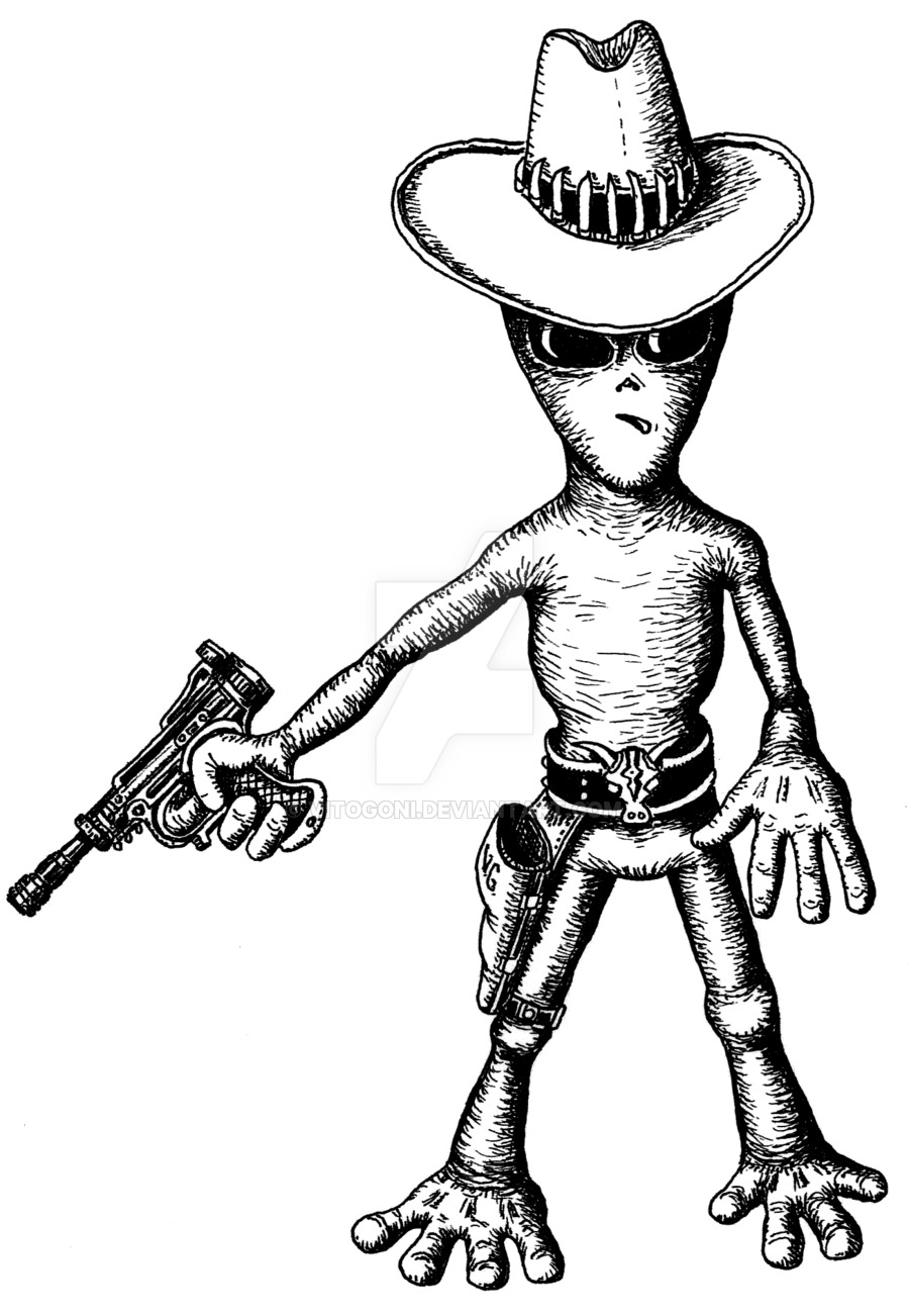 900x1302 Alien Cowboy Funny Black And White Pen Ink Drawing By Vitogoni