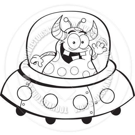 460x460 Cartoon Alien Spacecraft (Black And White Line Art) By Kenbenner