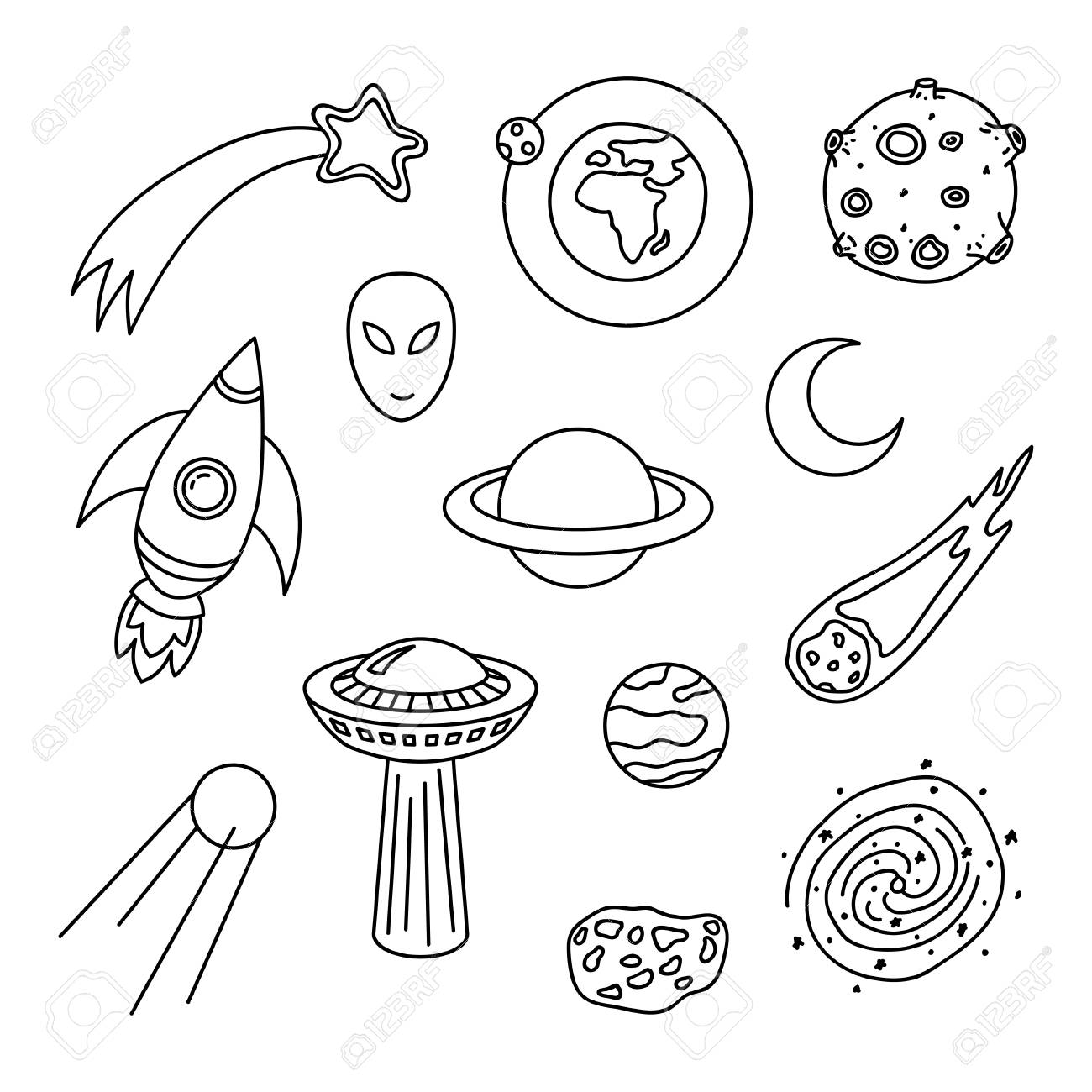 1300x1300 Collection Of Cosmic Doodle Elements. Contour Symbols (Planets