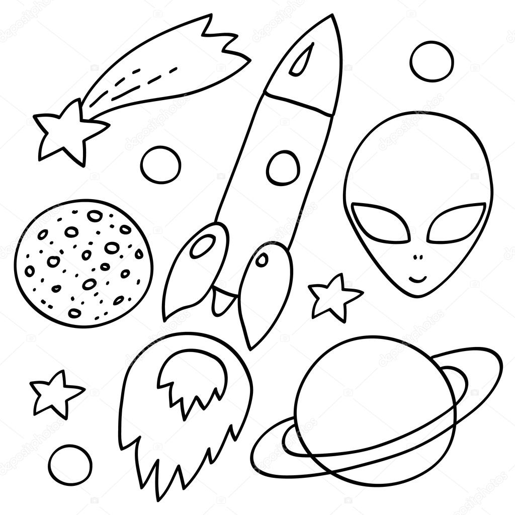 1024x1024 Space Elements Set In Black And White Spaceship, Alien, Stars