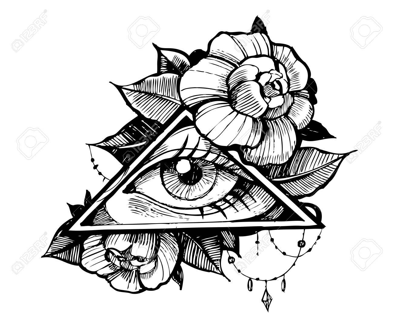 1300x1083 All Seeing Eye. Tatto Sketch. Vector Illustration Stock Photo