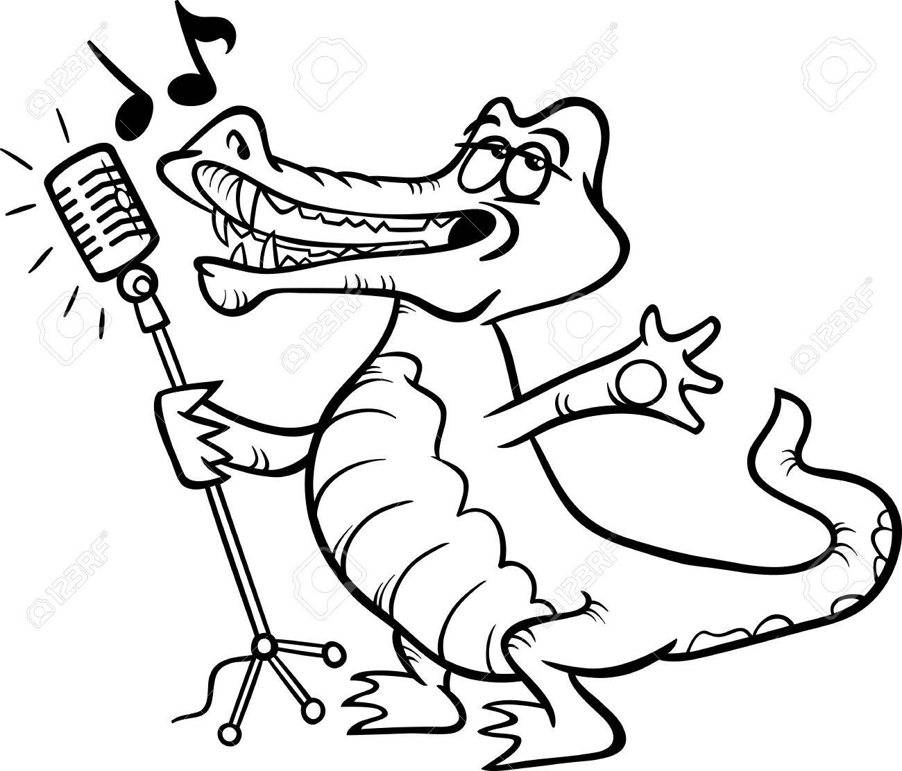 1300x1112 Black And White Cartoon Illustration Of Funny Singing Crocodile