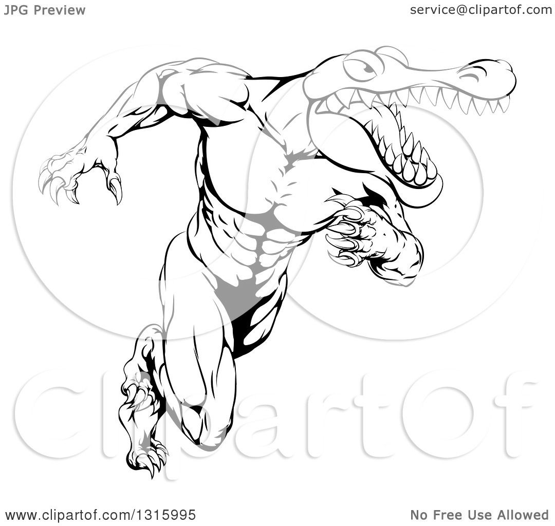 1080x1024 Lineart Clipart Of A Black And White Tough Muscular Alligator Man