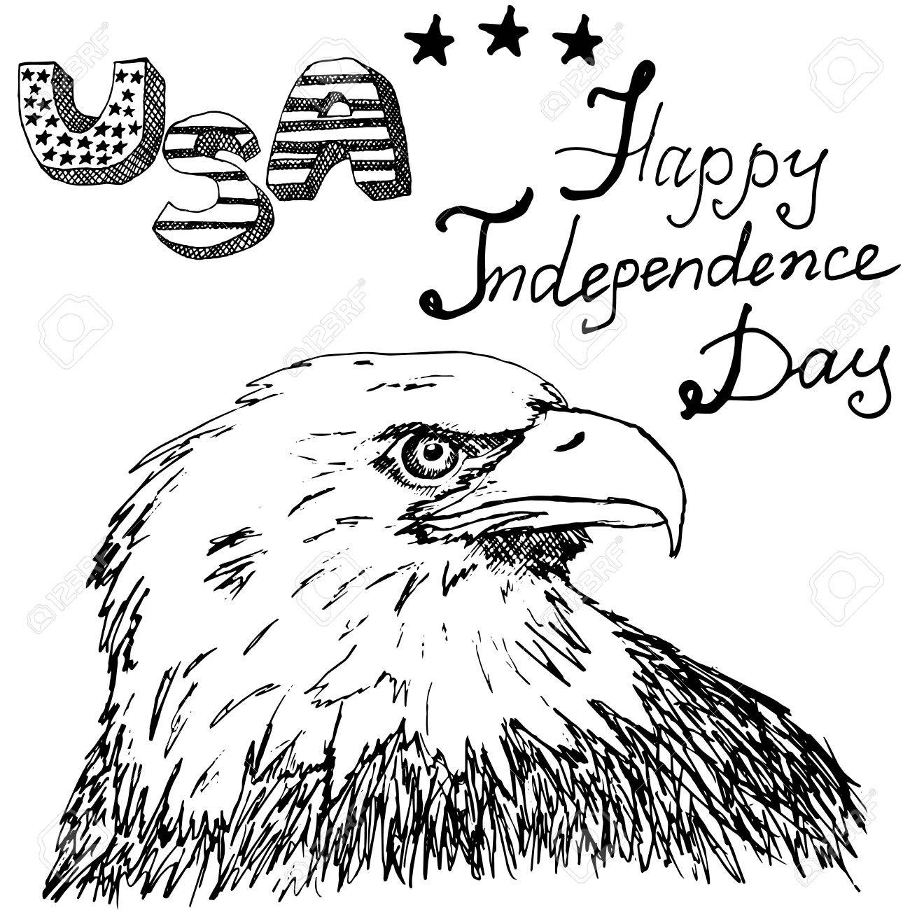 1300x1300 Hand Drawn Sketch American Bald Eagle, Text Happy Independence