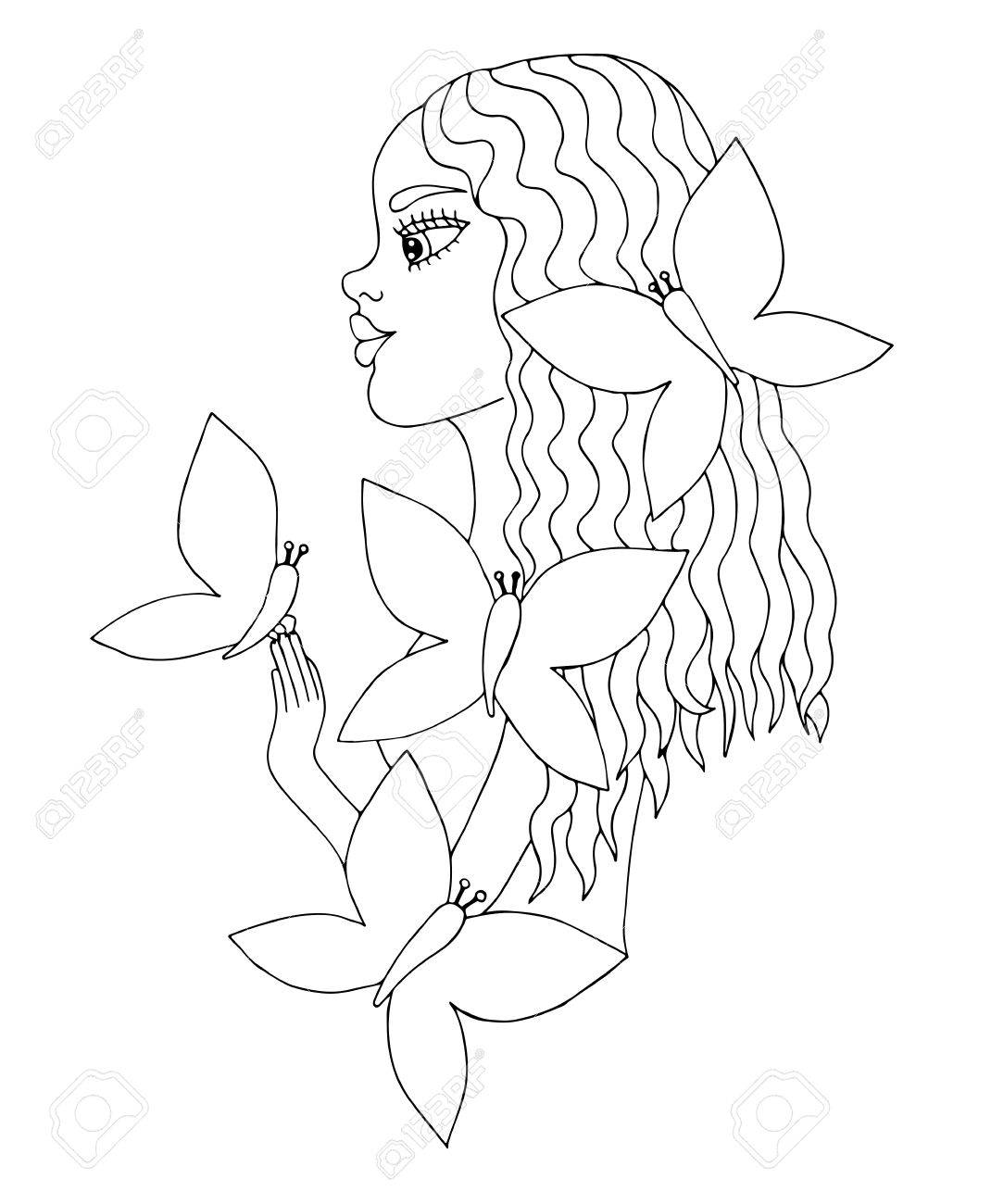 1070x1300 Young Beautiful Afro American Girl With Butterfly. Mono Color