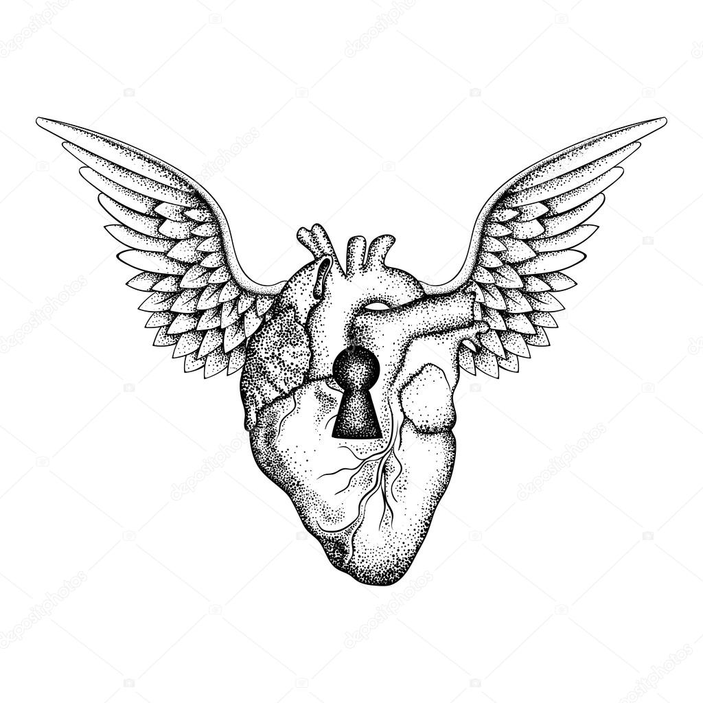 1024x1024 Hand Drawn Elegant Anatomic Human Heart With Wings And Keyhole