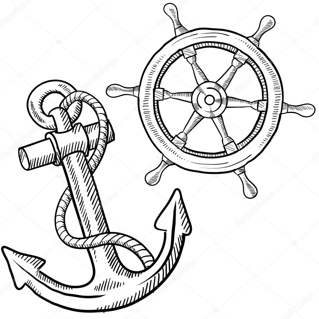 1024x1024 Anchor And Ship's Wheel Sketch Stock Vector Lhfgraphics