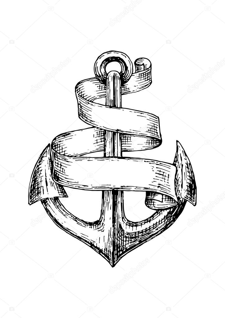 724x1024 Sketch Of Old Heraldic Anchor With Paper Scroll Stock Vector