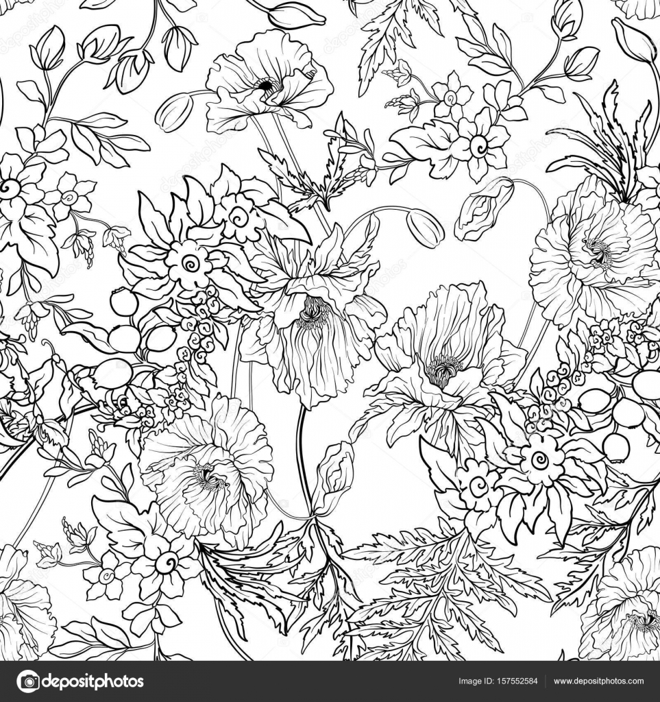 963x1024 Seamless Pattern With Poppy Flowers Daffodil, Anemone, Violet