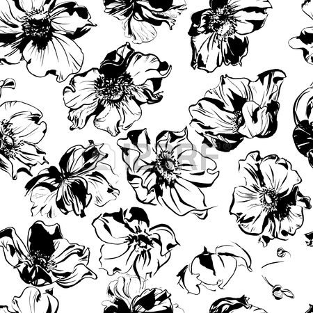 450x450 Pattern Hand Drawing Watercolor Black Anemone Flowers And Leaves