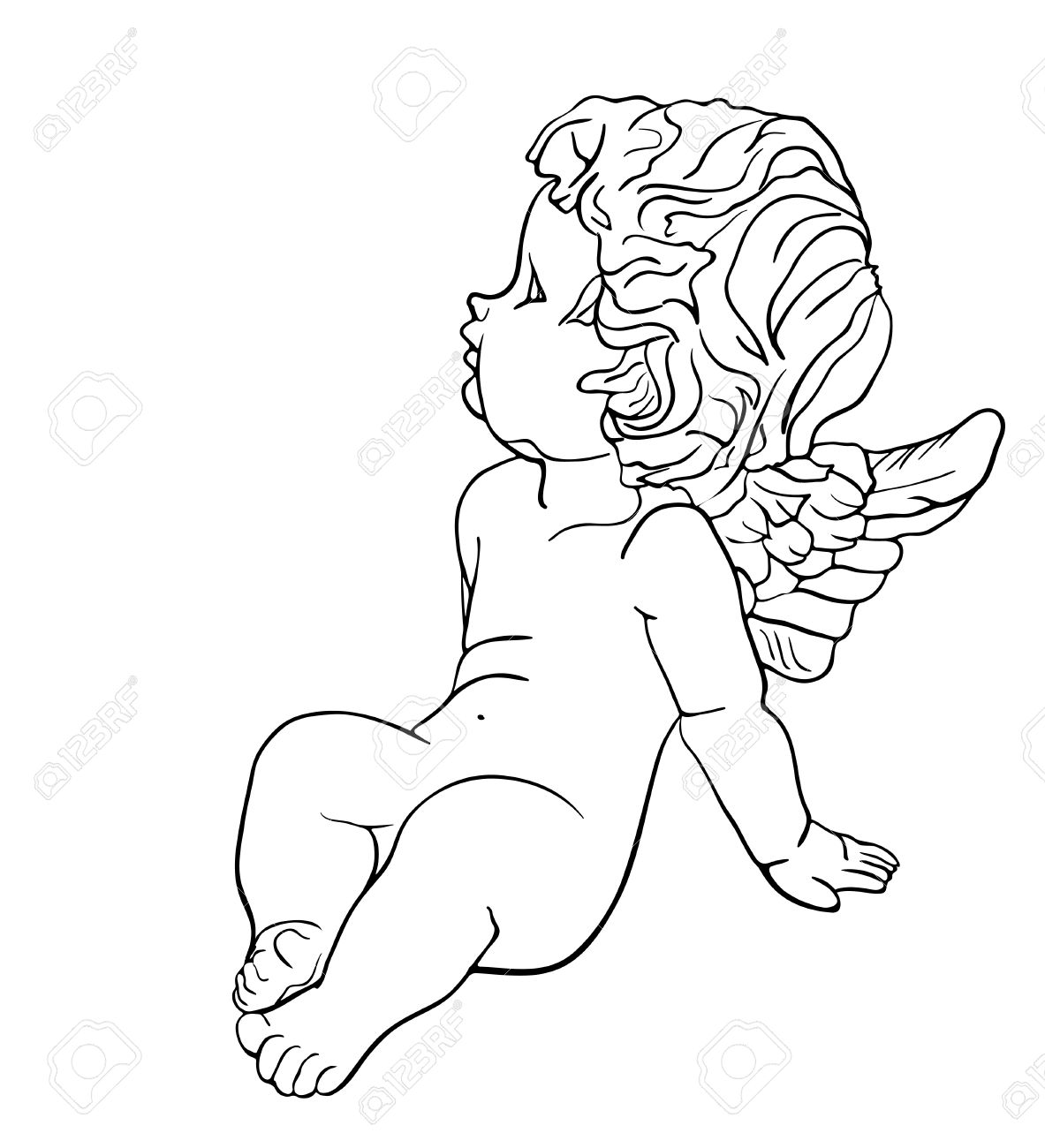1183x1300 Tired Little Angel With Wings Sitting On The Ground, Black