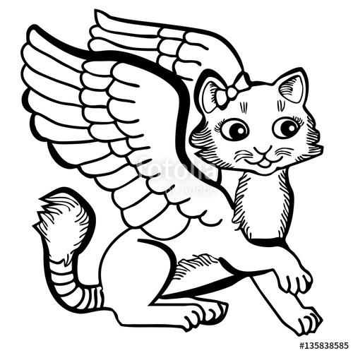 500x500 Vector Illustration Of Cute Angel Cat Black And White Stock Image