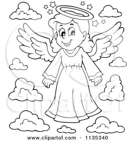 450x470 Cartoon Of An Outlined Girl Angel And Clouds