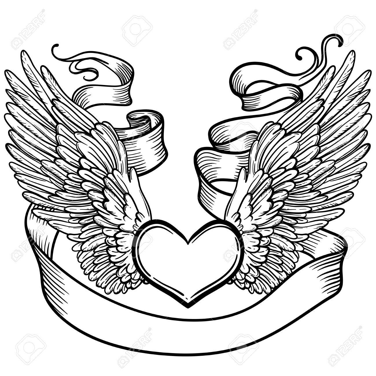 1300x1300 Line Art Illustration Of Angel Wings, Heart, Tape. Vintage Print