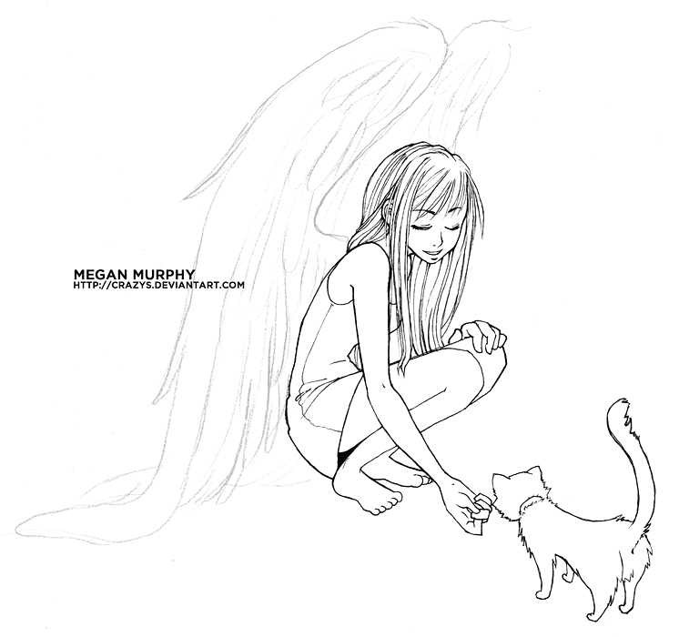 746x700 Anime Angel Girl Feeding A Cat By Mechaberry