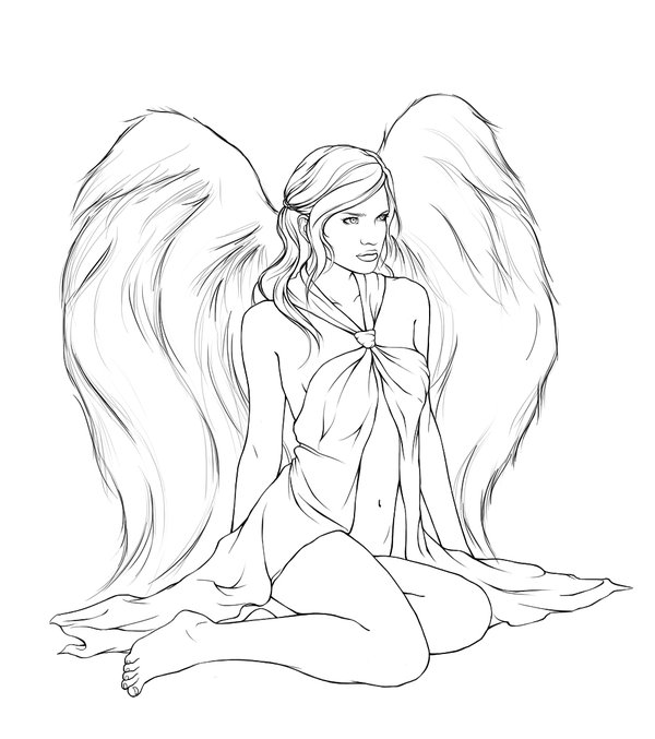 600x677 Attractive Outline Angel Girl Tattoo Design