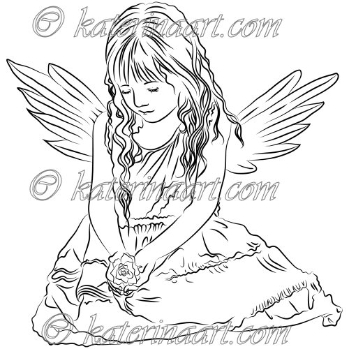 500x500 Digital Stamp Little Angel Girl Printable Coloring Page