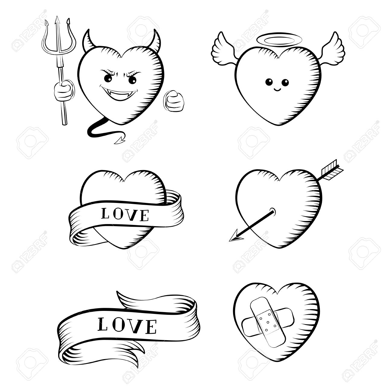 1300x1300 Tattoo Set. Isolated Tattoo Hearts Devil, Angel, Heart