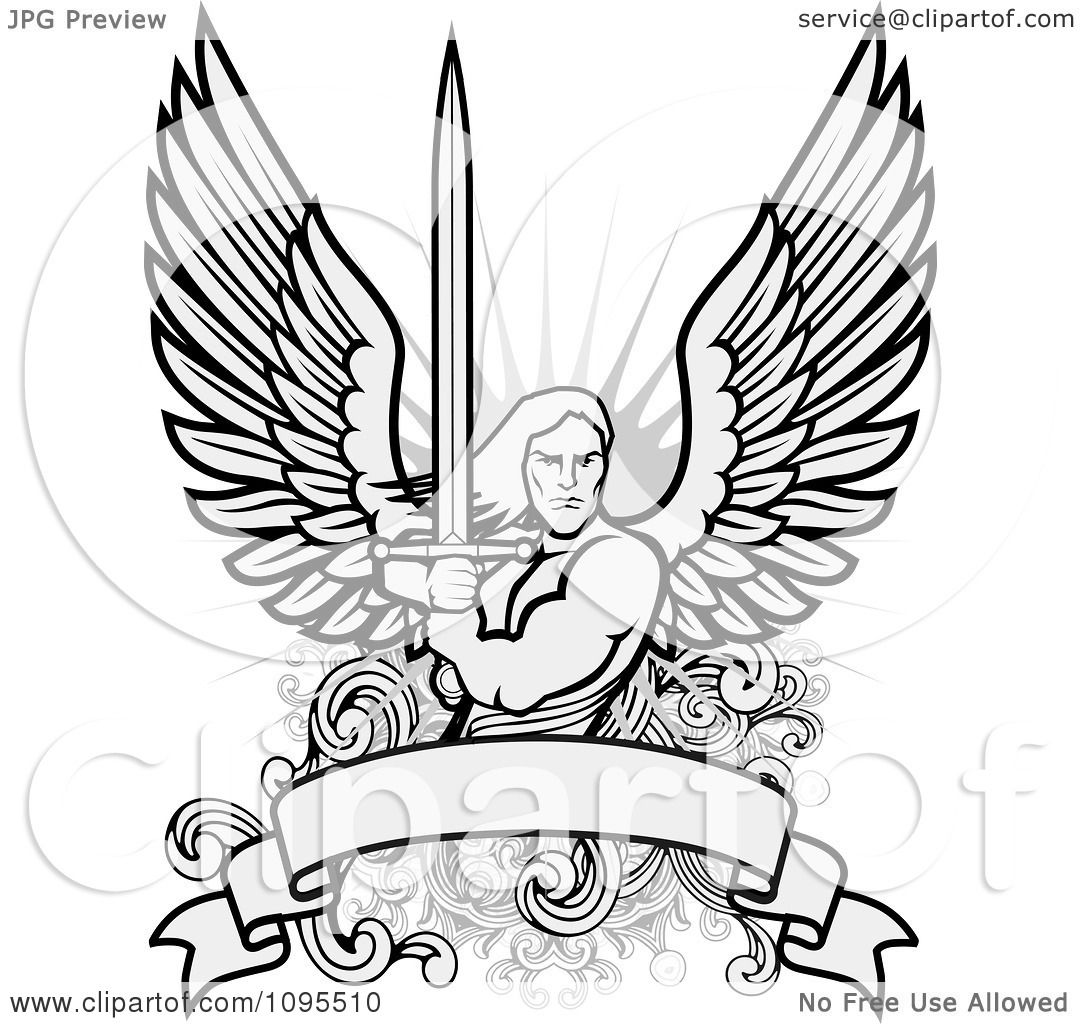 1080x1024 Clipart Male Angel Warrior Holding A Sword Over A Blank Banner