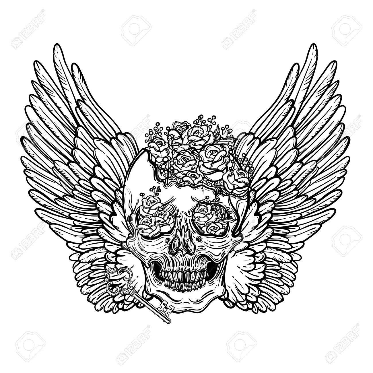 1300x1300 Line Art Illustration Of Angel Wings, Scary Skull And Flowers