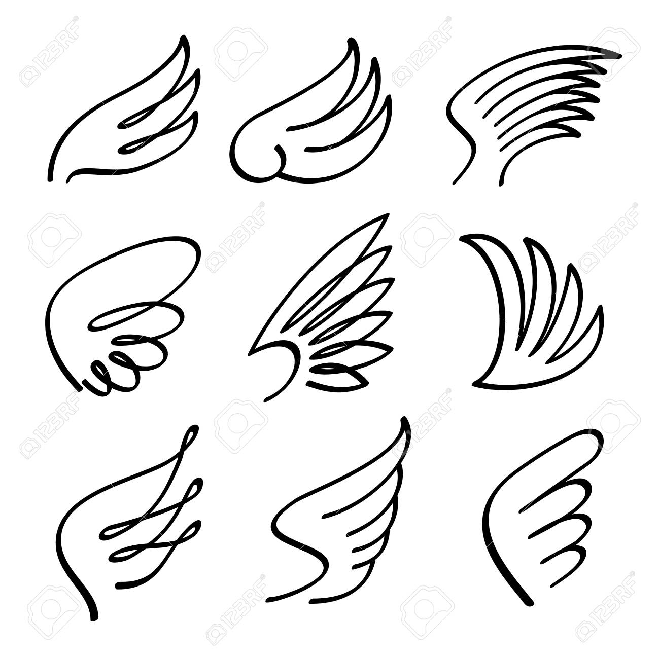 1299x1300 Cartoon Angel Wings Vector Set. Sketch Doodle Winged Abstract
