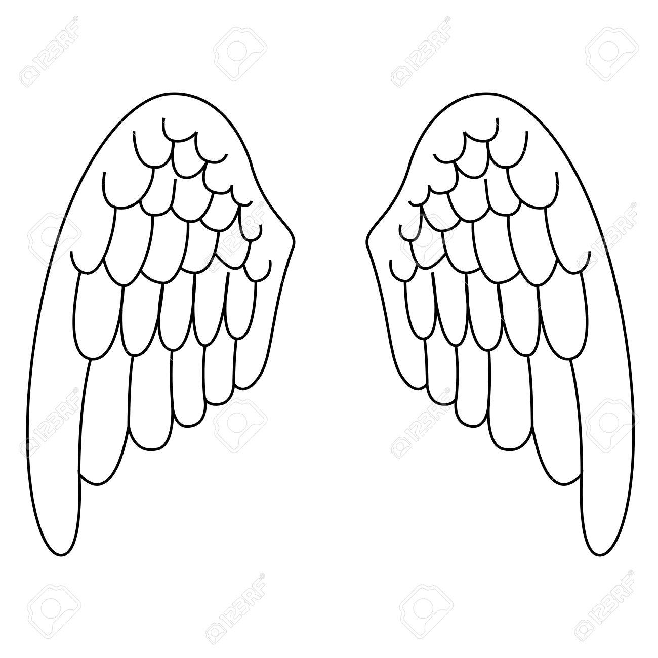1300x1300 Black Outline Vector Angel Wings On White Background. Royalty Free