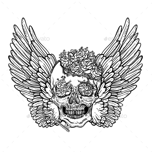590x590 Line Art Illustration Of Angel Wings And Skull By Vavavka