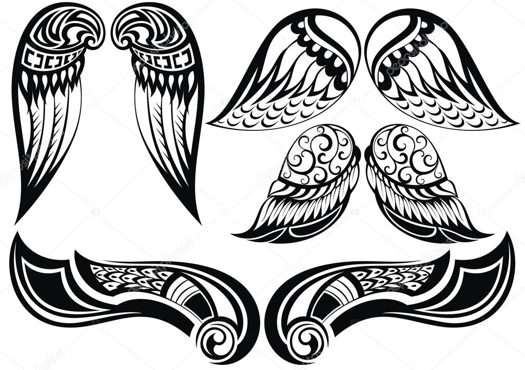 1023x721 Angel Wings.good Set Of Different Tattoo Wings Stock Vector