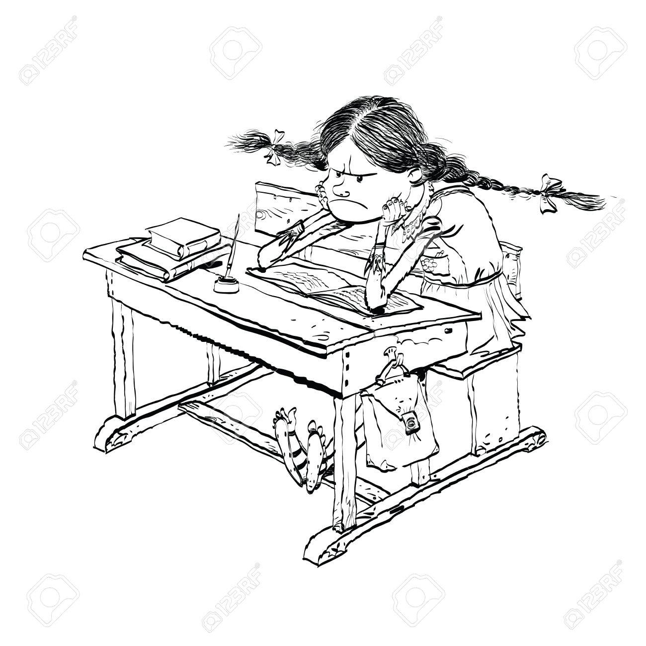 1300x1300 Angry Girl In School Line Art. Schoolgirl On Lesson.