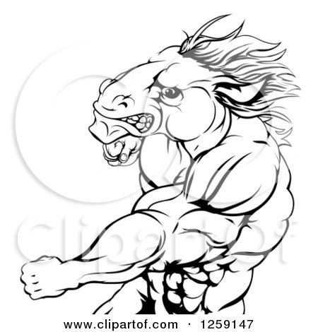 450x470 Clipart Of A Black And White Angry Muscular Horse Man Punching