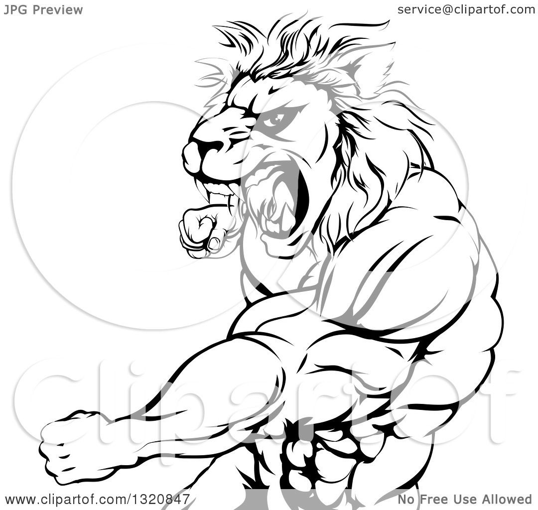 1080x1024 Clipart Of A Black And White Fierce Angry Muscular Lion Man