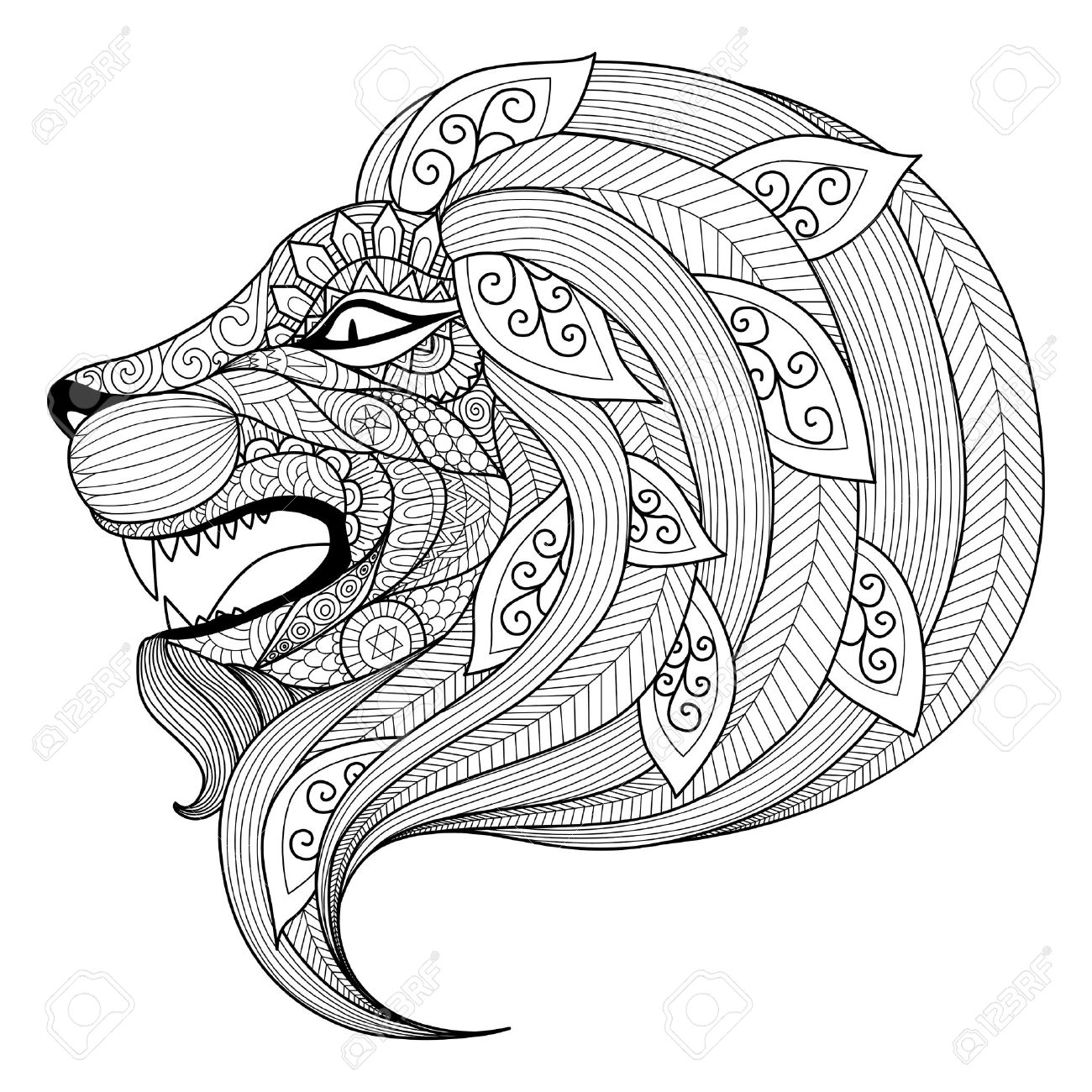 1300x1300 Drawing Angry Lion For Coloring Book For Adult Royalty Free