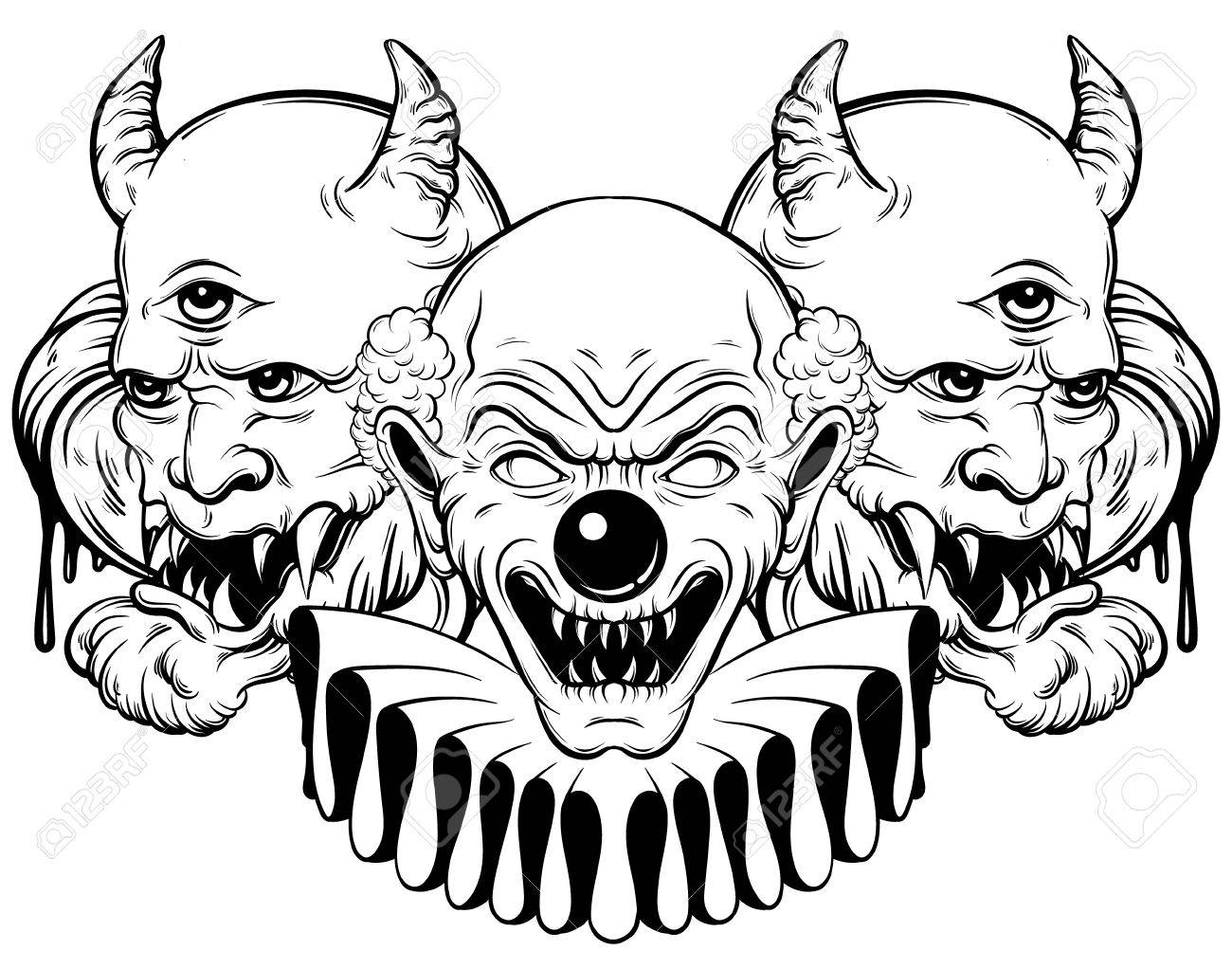 1300x1022 Vector Hand Drawn Illustration Of Angry Clown And Daemon. Tattoo