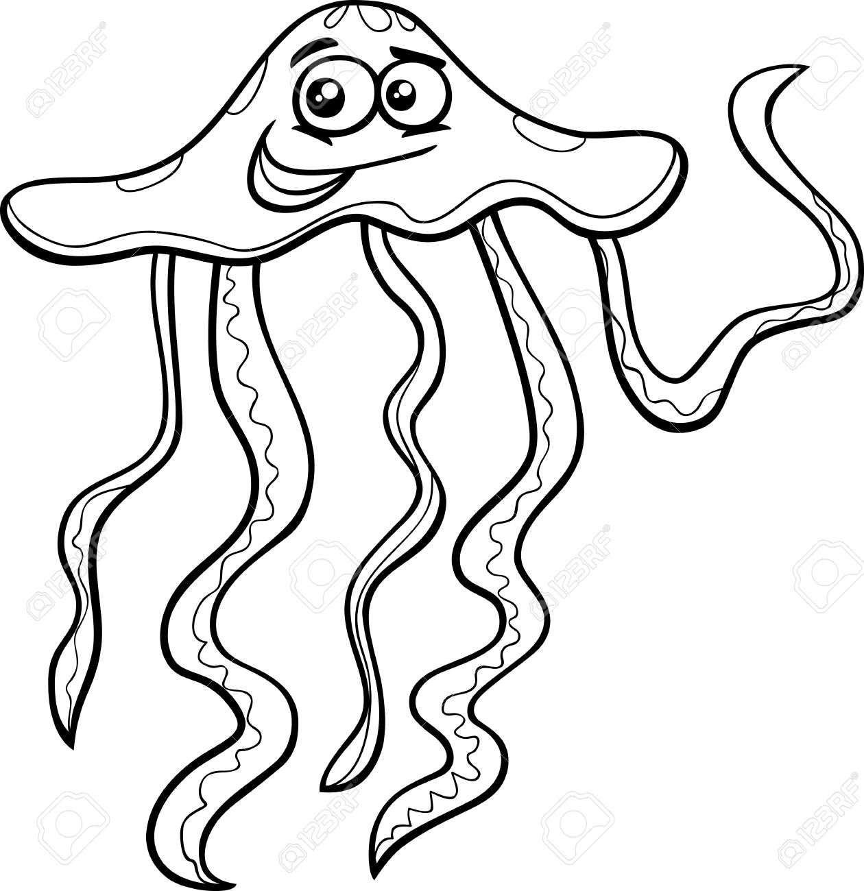 1260x1300 Black And White Cartoon Illustration Of Funny Jellyfish Sea Animal