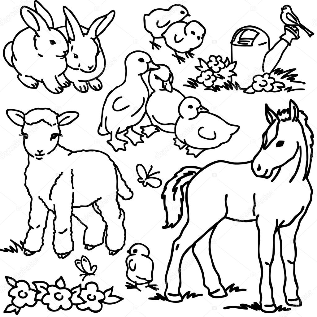 1024x1024 Coloring Book, Cartoon Farm Animals, Vegetables, Fruits