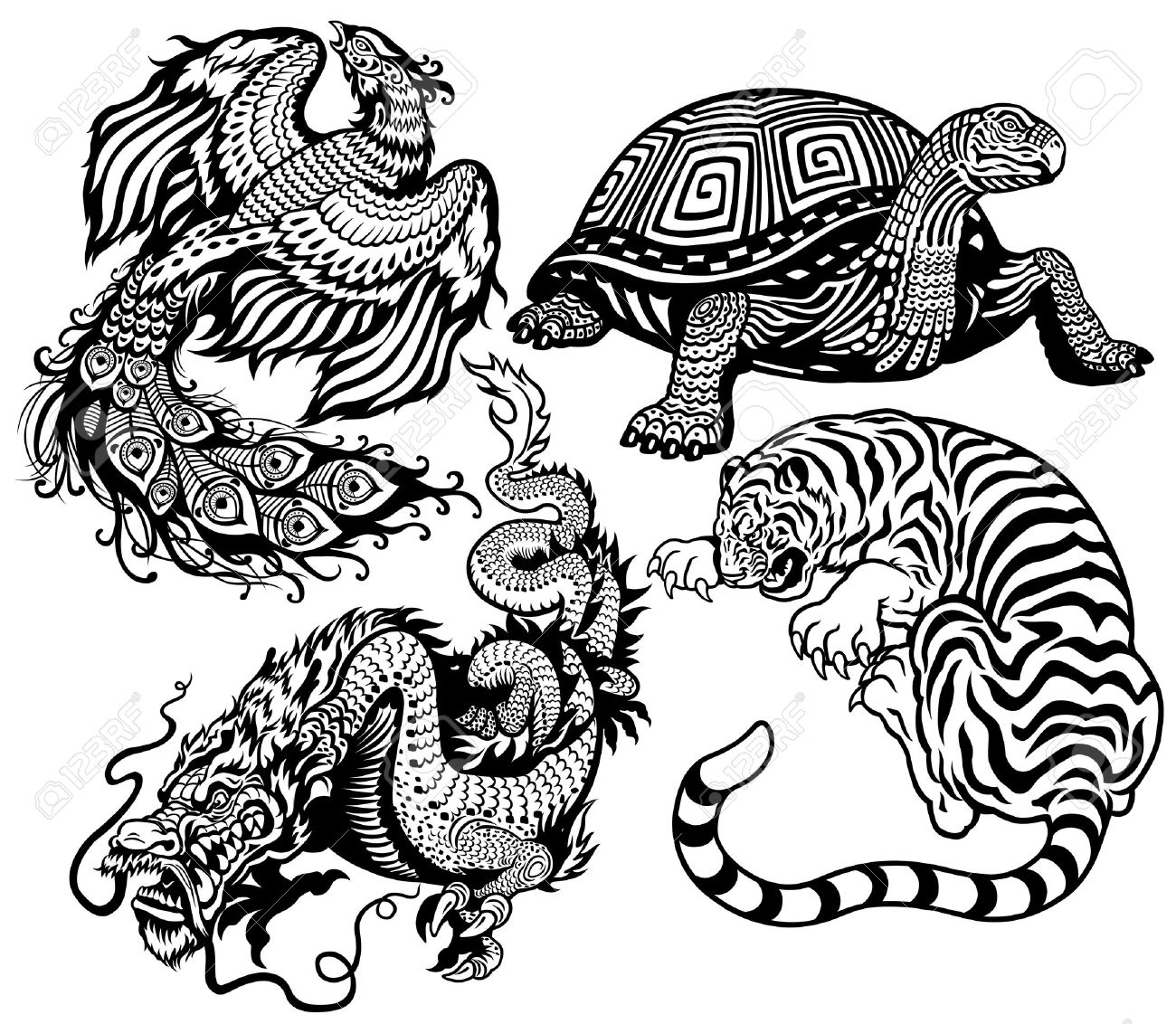 1300x1132 Tiger,turtle,phoenix And Dragon Black And White Set Of Four