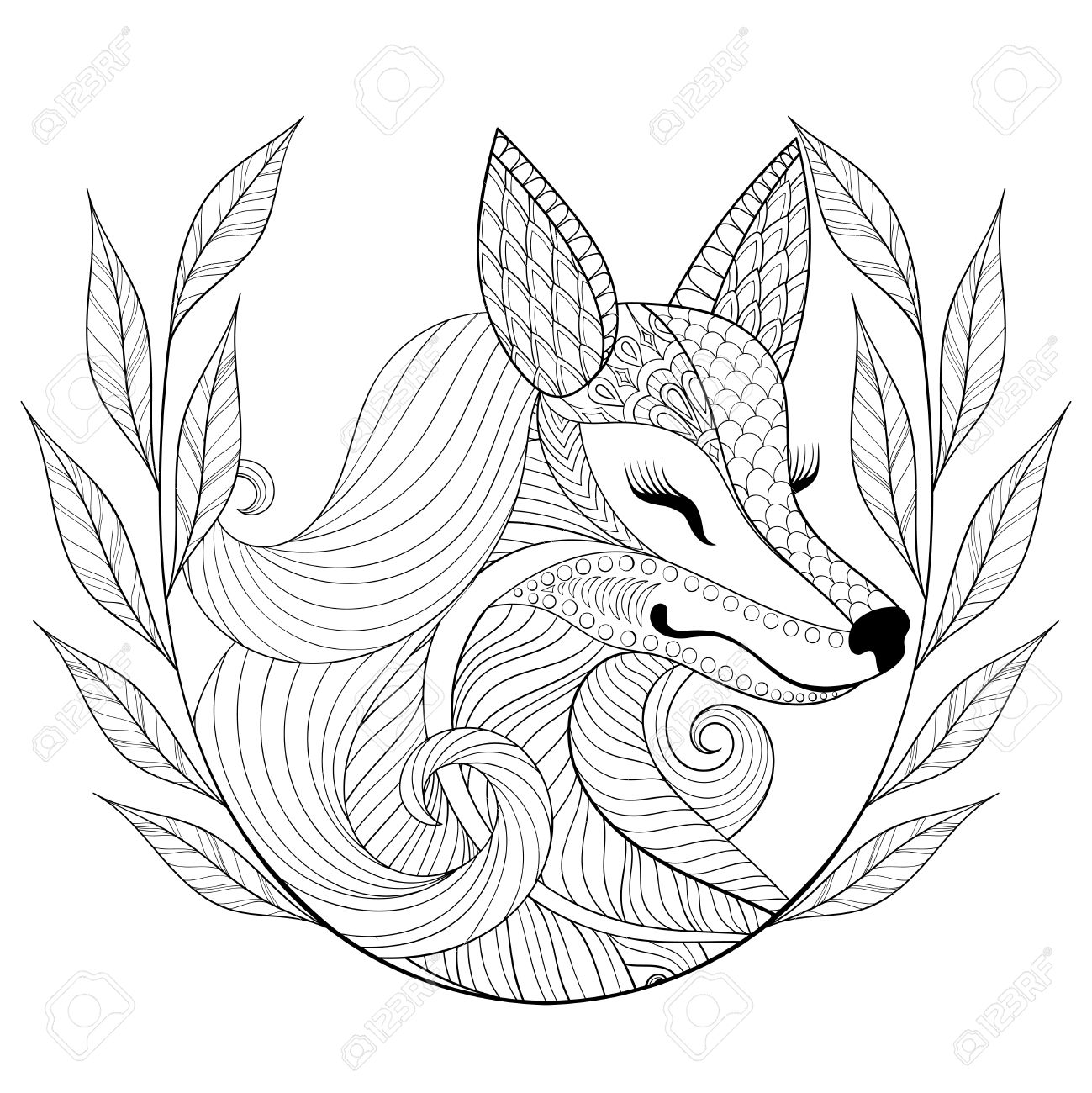 1299x1300 Fox Face In Monochrome Doodle Style.wild Animal With Wreath, Face