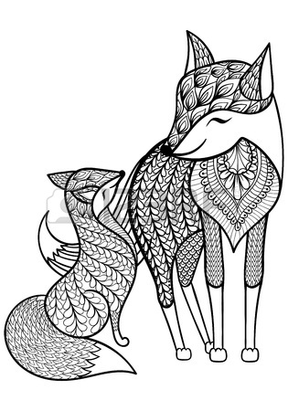 315x450 Hand Drawn Fox With Young Child Pattern For Adult Coloring Page