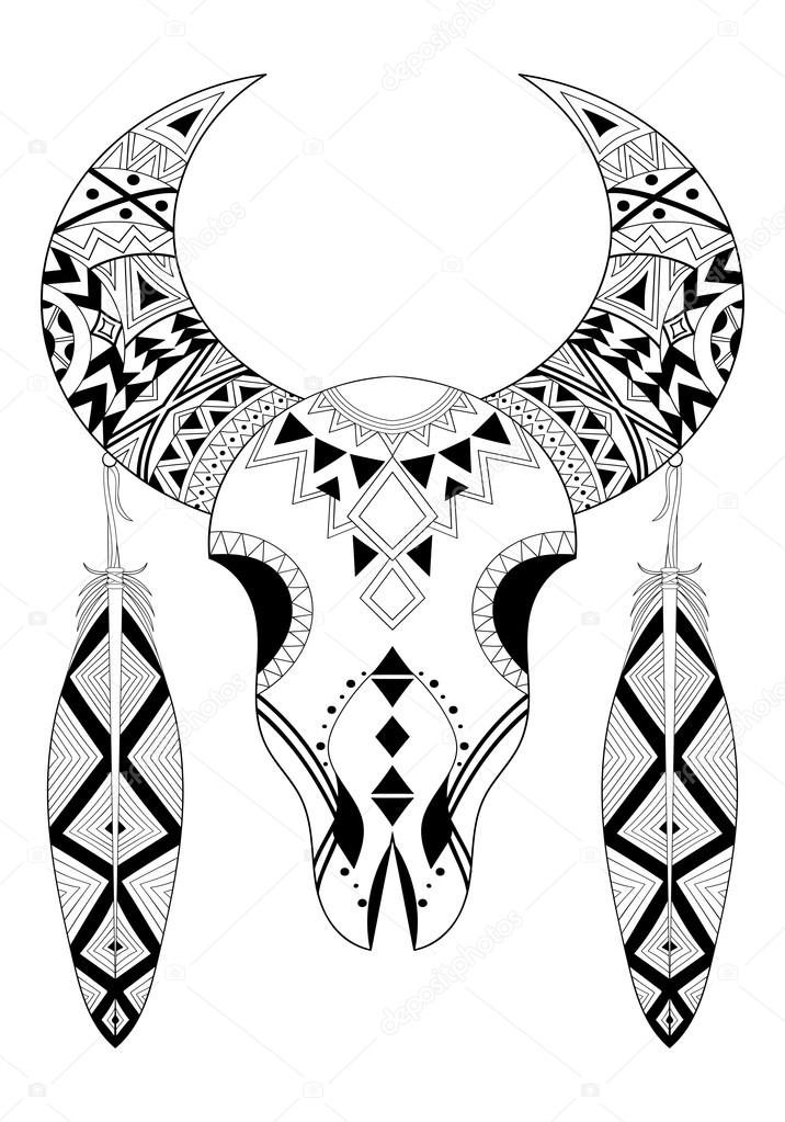 716x1023 Zentangle Animal Skull With Two Feathers. Hand Drawn Ethnic Anim