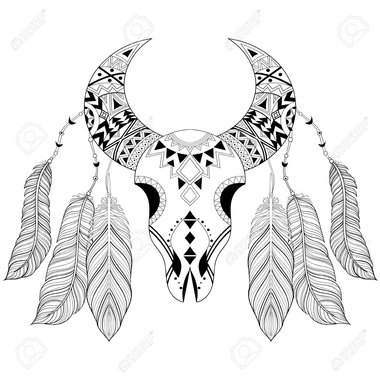 1300x1300 Zentangle Boho Animal Skull With Bird Feathers. American Ethnic