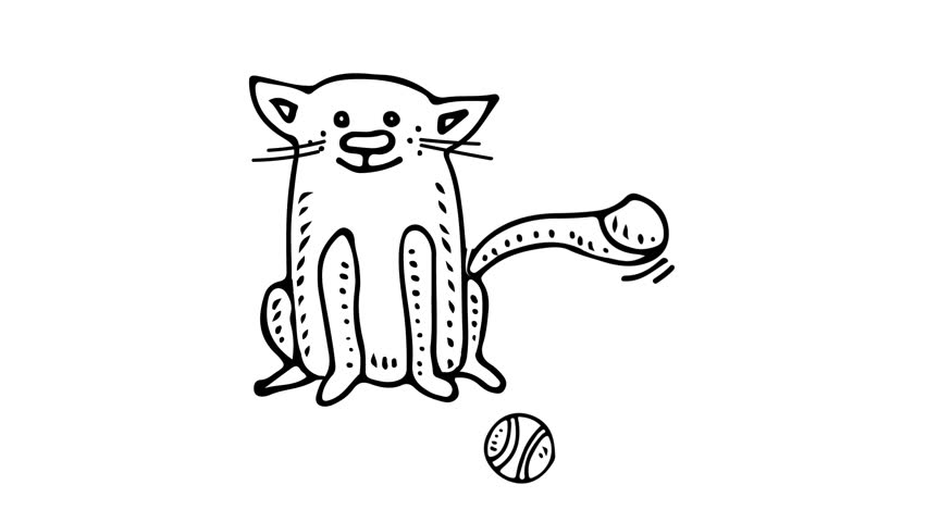 852x480 Hand Drawn Doodle Cute Sitting Cat Playing With Ball Icon
