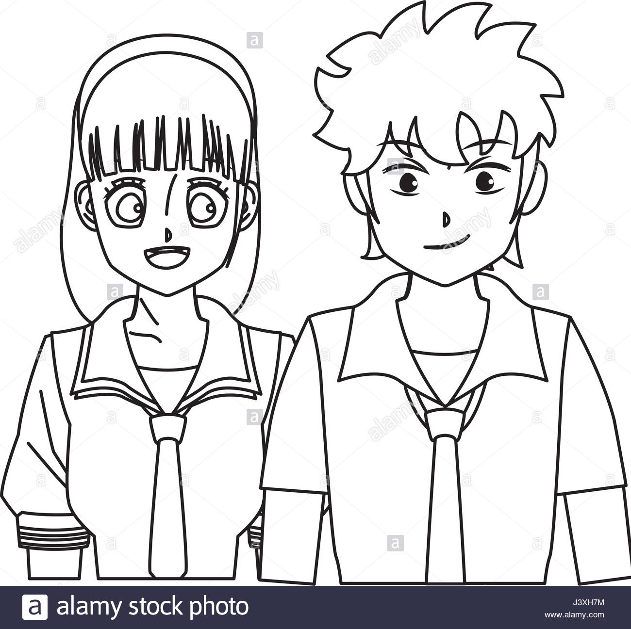 1300x1297 Students Girl And Boy Anime Cartoon Outline Stock Vector Art