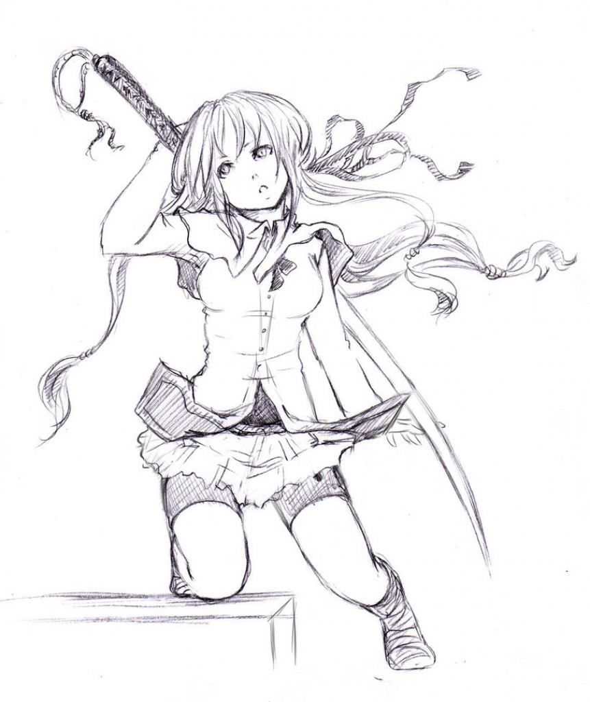 861x1024 Anime Girl With Sword Sketch