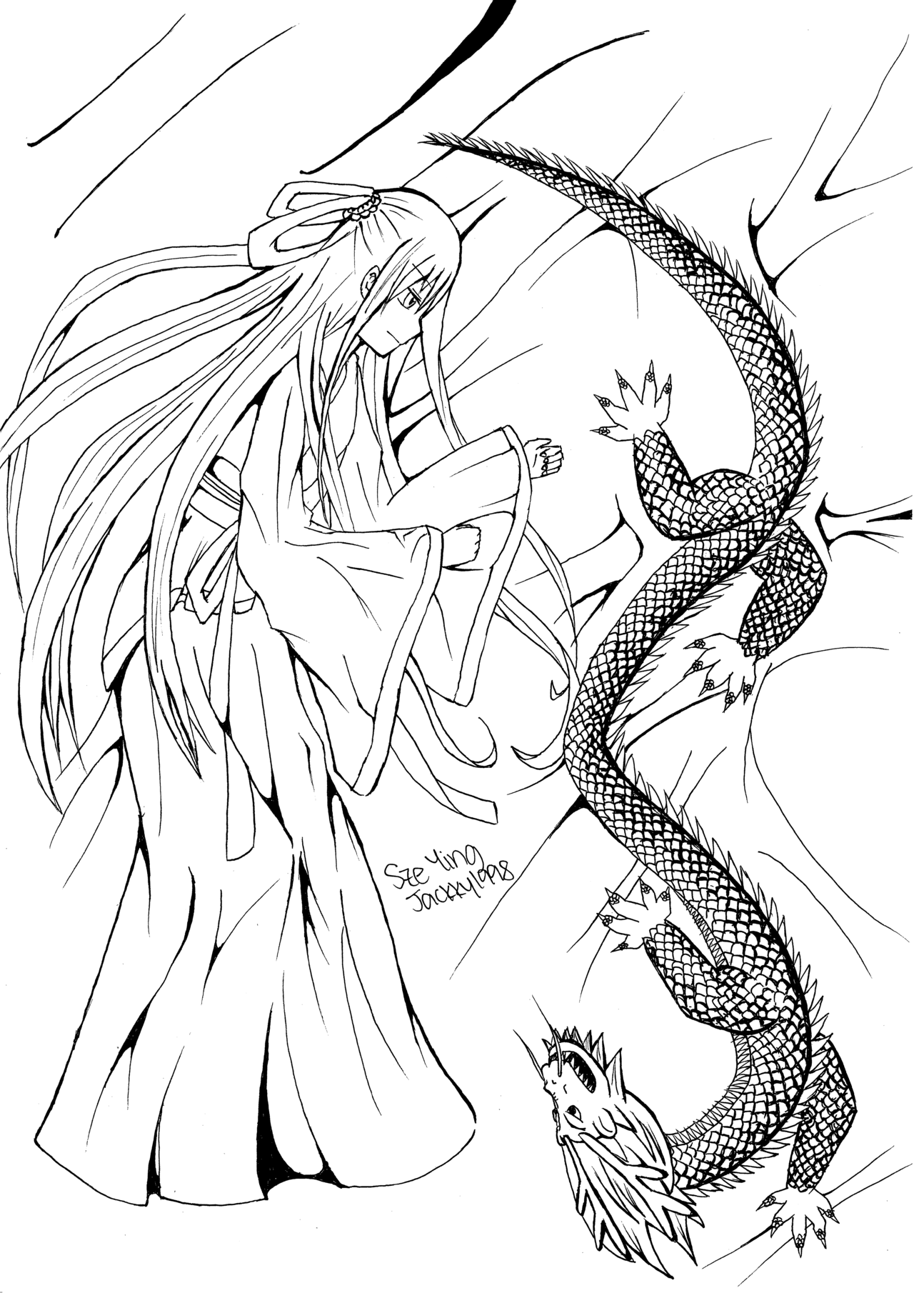 1280x1810 The Girl And The Dragon (Animemanga Line Art) By Aoi Kanou