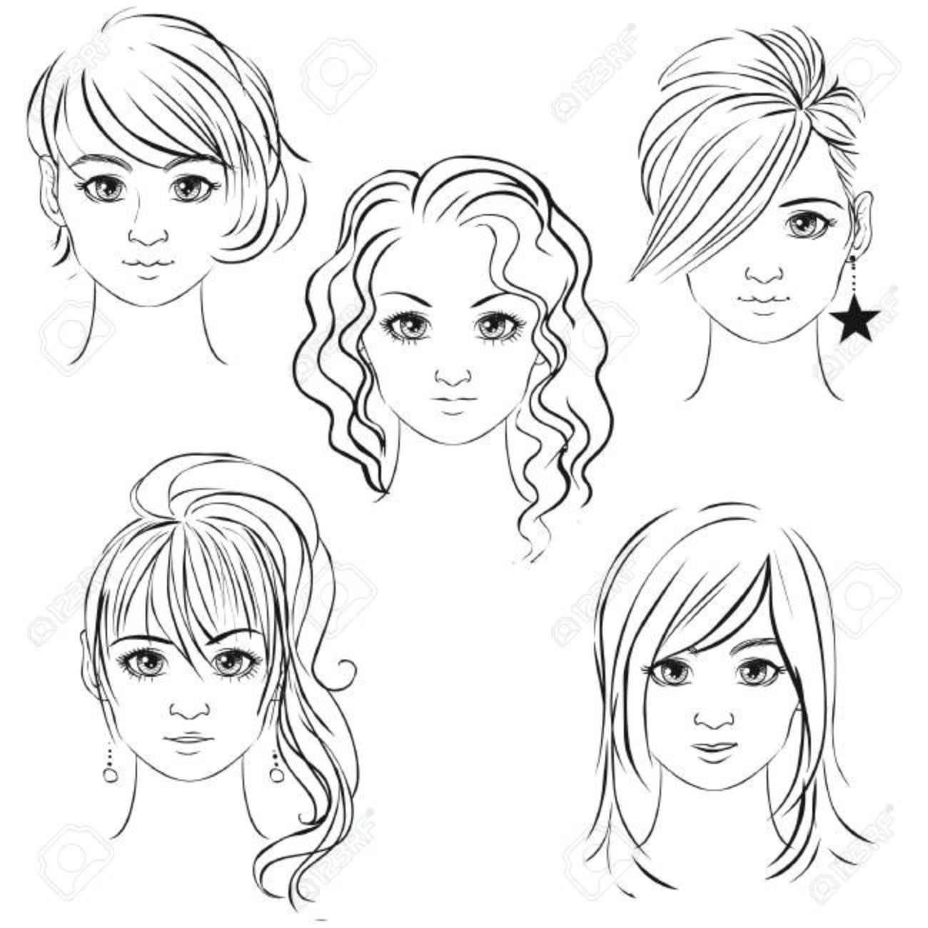 1300x1300 Young Pretty Girls Hand Drawn In Anime Style. Vector Illustration