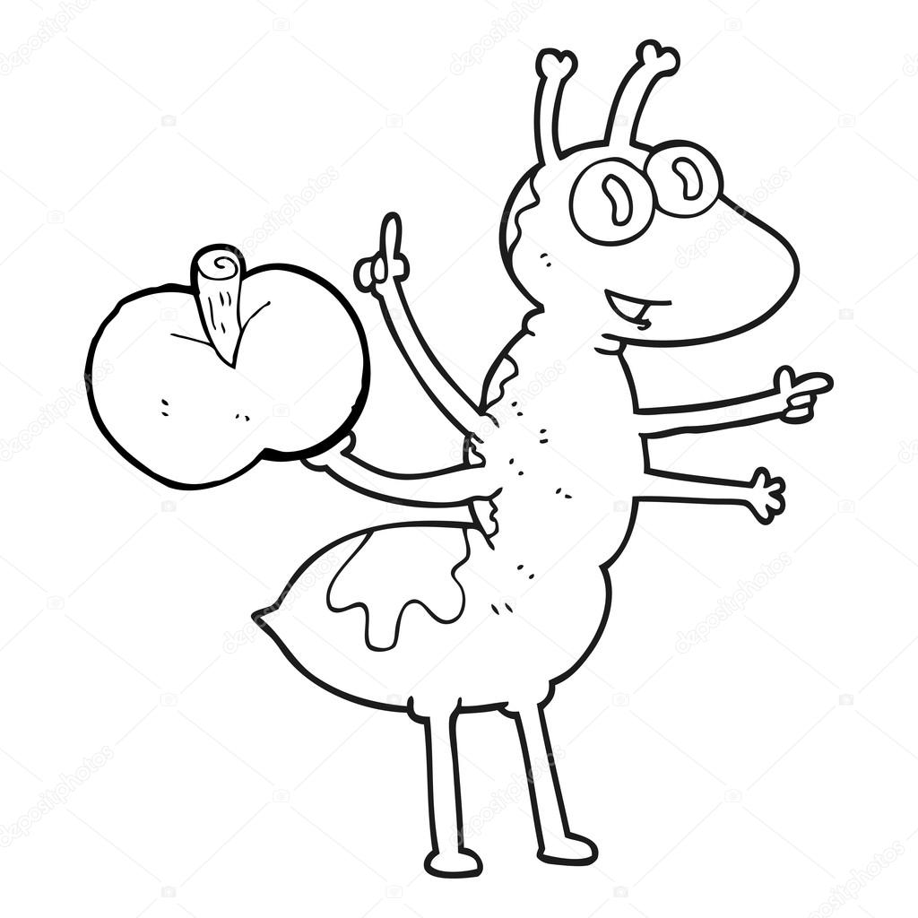 1024x1024 Black And White Cartoon Ant With Apple Stock Vector