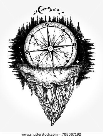 351x470 Compass And Mountains Tattoo And T Shirt Design. Mountain Antique