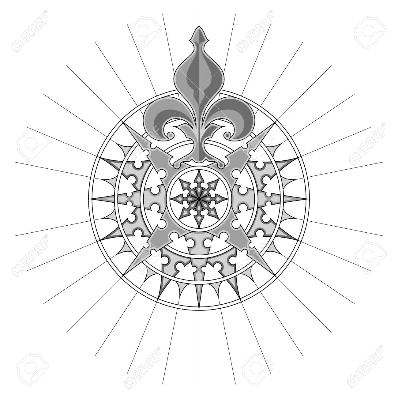 1300x1300 High Detail Antique Compass Rose Vector Illustration. Royalty Free